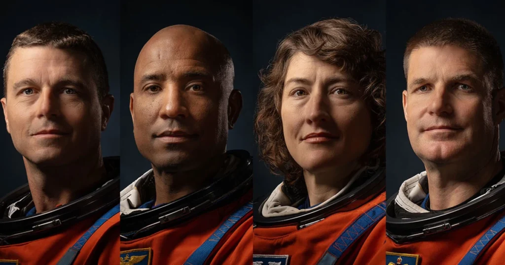 Artemis II crew members. (left to right) Reid Wiseman, Victor Glover, Christina Koch, and CSA (Canadian Space Agency) astronaut Jeremy Hansen