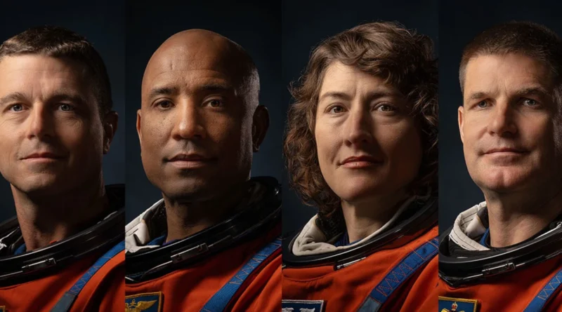 Artemis II crew members. (left to right) Reid Wiseman, Victor Glover, Christina Koch, and CSA (Canadian Space Agency) astronaut Jeremy Hansen